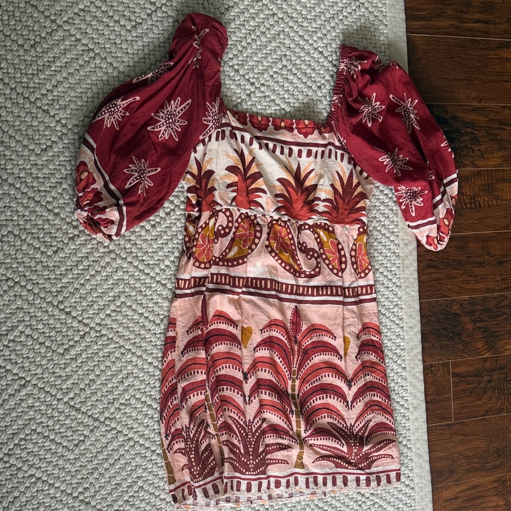 FARM Rio Red Pink and Cream Printed Puff-Sleeve Mini Dress